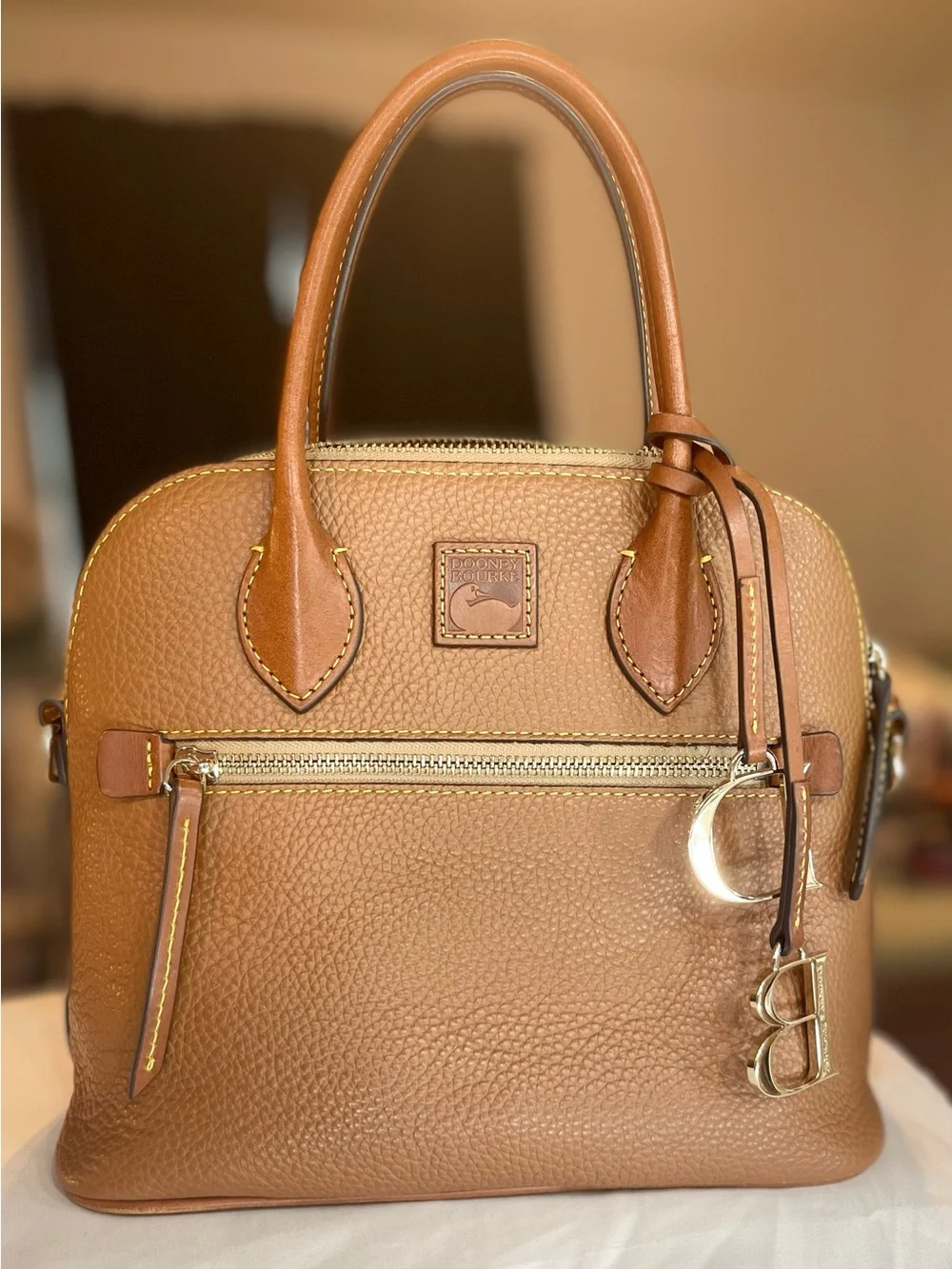 Dooney & Bourke Caramel Pebble Grain Satchel with Gold Hardware